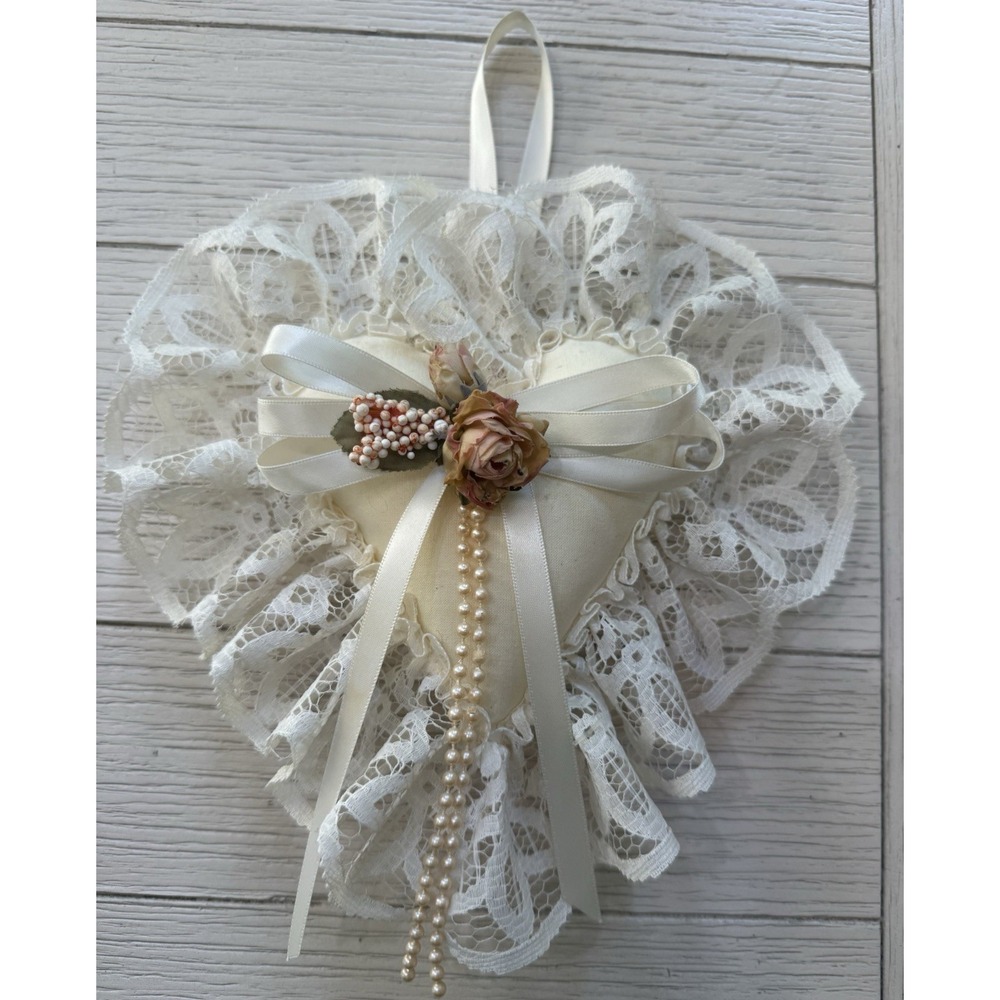 Vtg Lace Ribbon Rose 9" Heart Pillow Wall Hanging Deco Shabby Chic Cottagecore